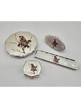 Vintage Stratton Compact 4 Pc Set Goldfinch Birds Comb Lipstick Holder Pill Box